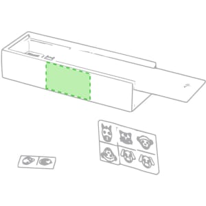 A white game box with a sliding lid, containing rectangular cards depicting various animals. The box has a branding logo.