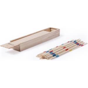 A wooden box containing multiple colourful Mikado sticks laid out beside it. The sticks feature red, blue, and yellow markings.