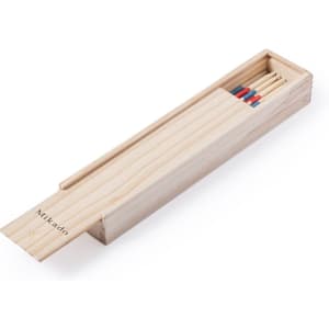 A wooden box containing a set of Mikado sticks in various colours, including red and blue. The box has a logo.