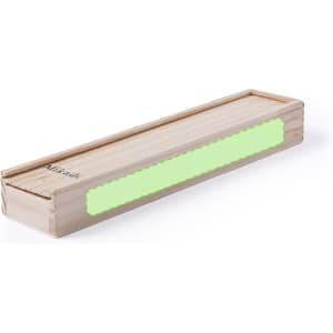 A wooden box for the Mikado Skill Game, featuring a simple design with a light green panel.