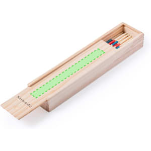 A wooden box containing colourful Mikado sticks in red, blue, and natural wood tones.