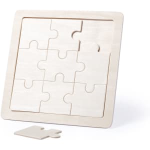 A wooden puzzle featuring nine interlocking pieces, set in a square frame. The pieces are unfinished and light in colour.