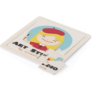 A colourful puzzle featuring a smiling artist with a beret, set on a light background. It has a logo.