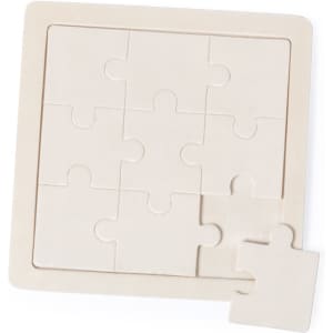 A beige puzzle featuring a square frame with several interlocking pieces, including one piece separated from the main puzzle.