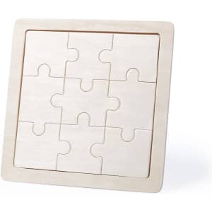 A wooden puzzle featuring nine interlocking pieces, set in a square frame. Natural wood colour with smooth edges.