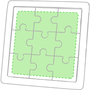 A green jigsaw puzzle with nine interlocking pieces features a blank central area, set within a white outline.