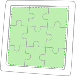 A green puzzle with interlocking pieces in a square frame, featuring a simple design. The frame has a dotted outline.
