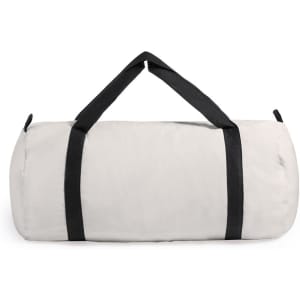 A grey tote bag with black straps, featuring a simple design and a logo.