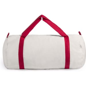 A grey tote bag with red straps, featuring a rounded shape and a logo on the side.