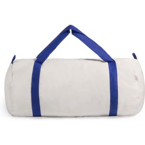 A light grey tote bag with blue handles, featuring a round shape and a logo.