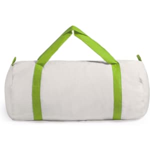 A white tote bag with green straps and a round shape, featuring a logo on one side.