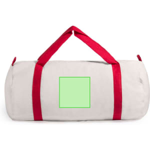 A grey tote bag with red straps, featuring a blank square area for customization.