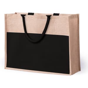 A large tote bag featuring a natural jute texture with a solid black bottom and black handles. It has a logo.