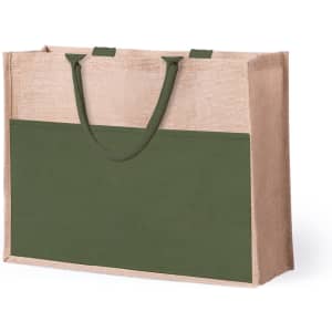A tote bag with a natural jute texture and a green panel, featuring sturdy handles and a simple design.