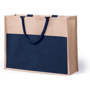 A tote bag featuring a natural jute body with a navy blue panel and navy blue handles. It has a logo on one side.