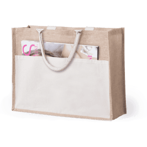 A tote bag in natural jute and cream, featuring a spacious front pocket and sturdy handles.