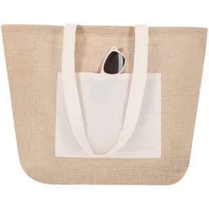A large beige tote bag with white handles and a front pocket. The bag features a logo on its surface.