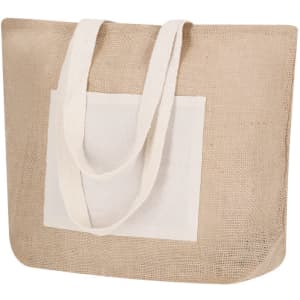A jute tote bag in a natural brown hue with a cream-coloured patch and sturdy handles. Features a logo.