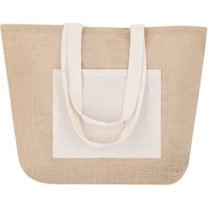 A natural-toned jute tote bag with a cream panel and sturdy handles. Features a branding logo.