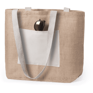 A natural jute tote bag with white straps and a front pocket, featuring a pair of sunglasses.