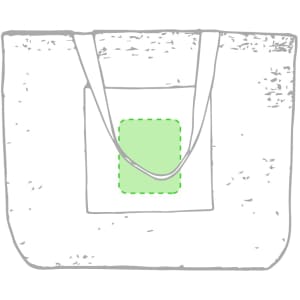 A white tote bag with a green square pocket and two straps. The bag has a simple, minimalist design.