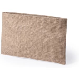 A beige toiletry bag with a textured finish, featuring a simple design and no visible branding.