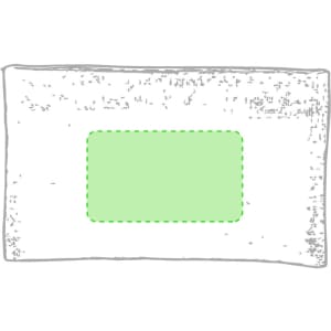 A muted green toiletry bag with a simple rectangular design and a logo. The material appears textured.