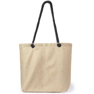 A tan tote bag with a textured finish and black rope handles. It features a logo on the front.