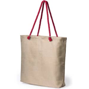 A beige tote bag with red rope handles and a simple design. It features a logo on the front.
