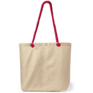 A beige tote bag with red, braided handles and decorative knots. The bag features a logo.