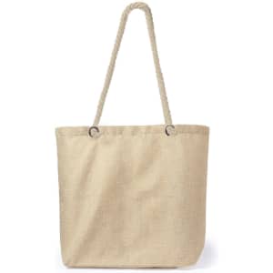 A beige tote bag with a rope handle and metal eyelets, featuring a simple, unembellished design.