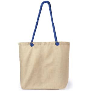 A beige tote bag with a blue rope handle and a branding logo.