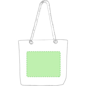 A white tote bag with rope handles and a green outlined patch. It features a logo.