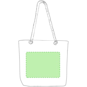 A white tote bag with a green outlined square on the front and rope handles. It has a logo on it.