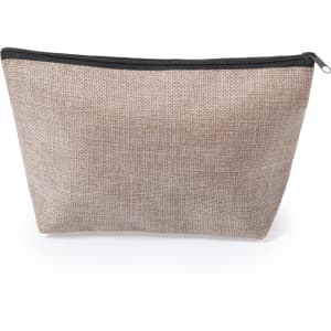 A beige toiletry bag with a black zipper and a simple, textured design. It features a logo on the front.
