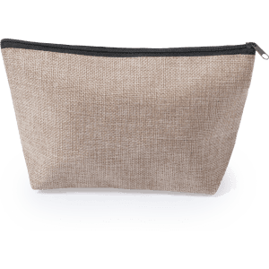 A beige toiletry bag with a black zipper, featuring a textured fabric and a simple design.