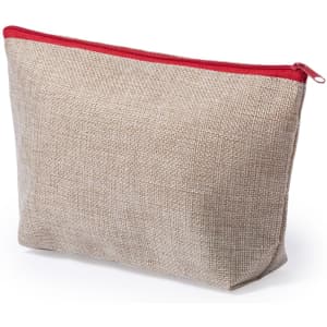 A toiletry bag in a natural fabric with a bright red zip, featuring a logo on one side.