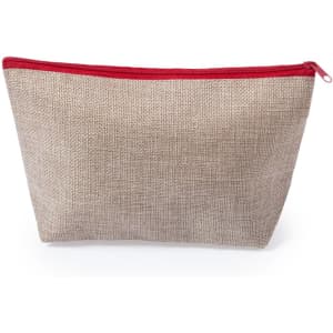 A toiletry bag made of natural woven fabric with a red zip closure. It features a simple design and has a logo.