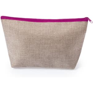 A beige toiletry bag with a pink zipper and a textured finish, featuring a logo on one side.