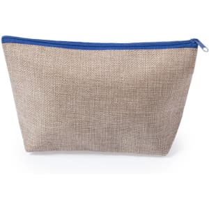 A toiletry bag in a natural brown hue with a vibrant blue zip, featuring a logo on the front.