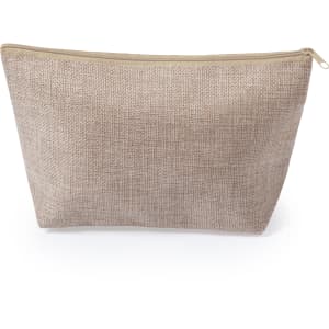 A beige toiletry bag with a textured finish and a zip closure, featuring a logo on the side.
