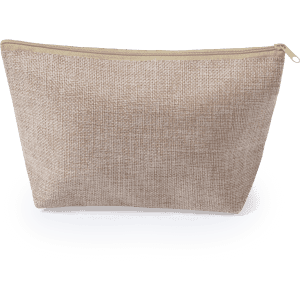 A beige toiletry bag with a zipper closure, featuring a textured fabric and a simple design.