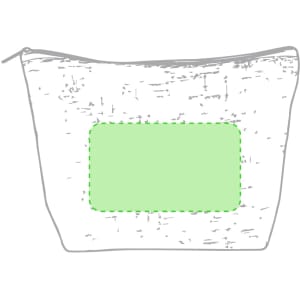 A white toiletry bag with a green rectangular space, featuring a zip closure and a logo.