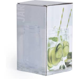 A drink bottle in a box, featuring a clear glass jar design with green cucumber slices and yellow straws.