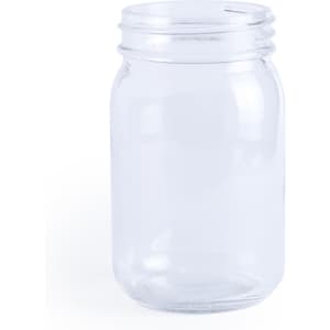A clear glass jar with a wide mouth and a threaded neck, featuring a logo.