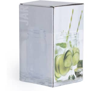 A drink jar enclosed in a cardboard box, featuring images of cucumber slices and cocktails. The jar has a logo.