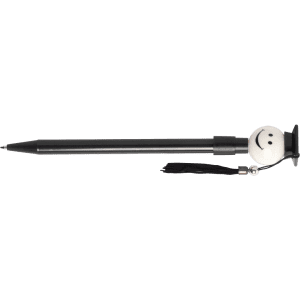 A black pen topped with a smiling face and a small hat, featuring a decorative tassel.