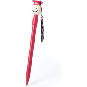A red pen shaped like a graduate, featuring a smiley face and a tassel. It has a logo on the barrel.