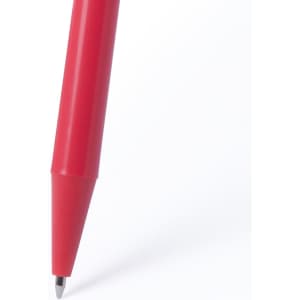 A red pen with a sleek design, featuring a pointed tip and a simple branding logo.