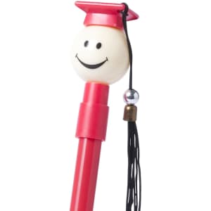 A red pen with a smiling graduation cap topper and decorative tassel, featuring a simple logo.